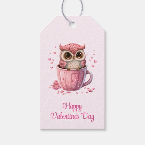 Cute Pink Owl in a Cup Valentines Gift Tags