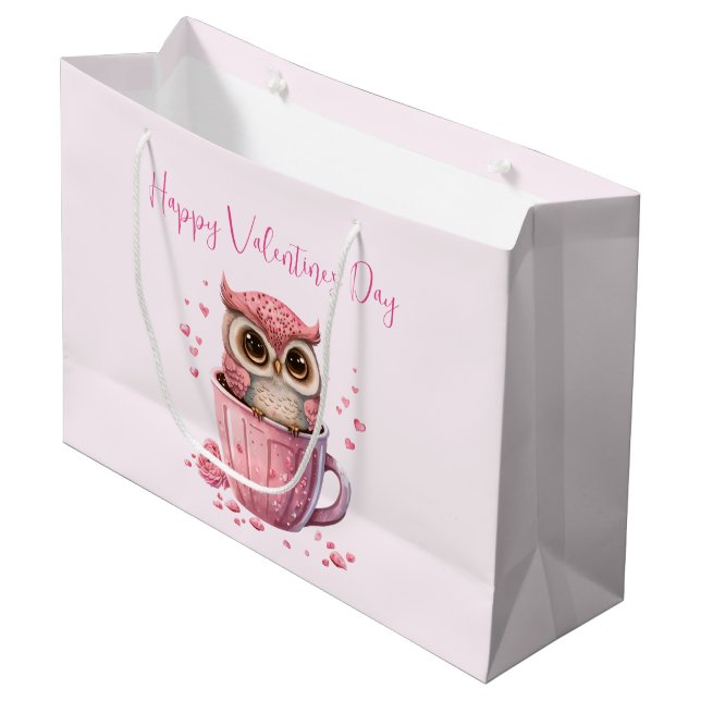 Cute Pink Owl in a Cup Valentine's Large Gift Bag (Front Angled)