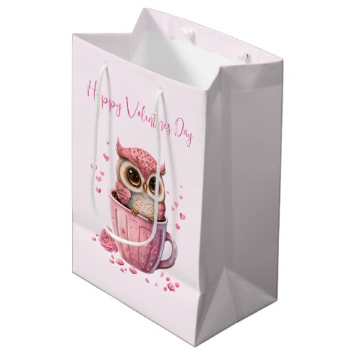Cute Pink Owl in a Cup Valentines Medium Gift Bag
