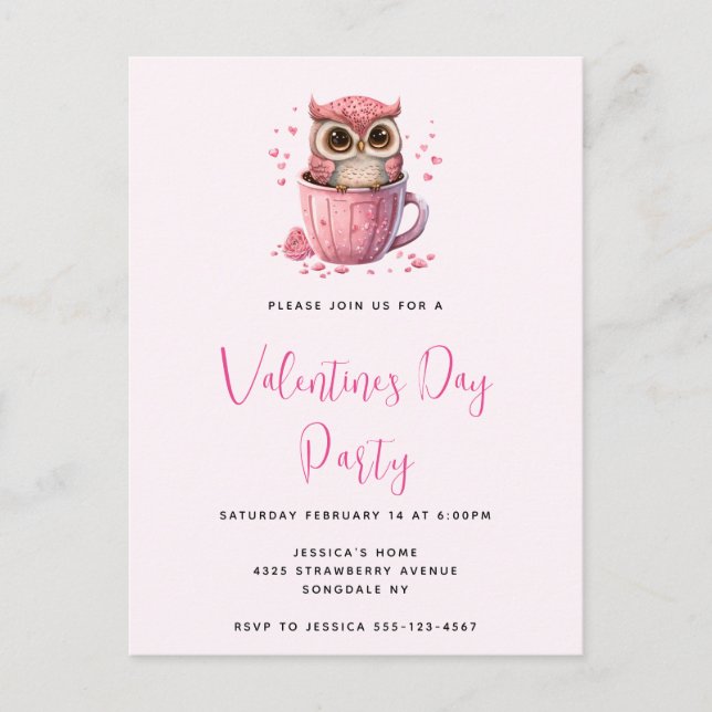 Cute Pink Owl in a Cup Valentine's Party Postcard (Front)