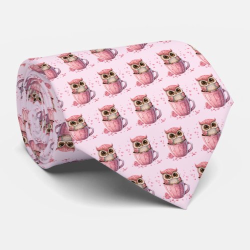Cute Pink Owl in a Cup Valentines Pattern Neck Tie
