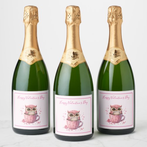 Cute Pink Owl in a Cup Valentines Sparkling Wine Label