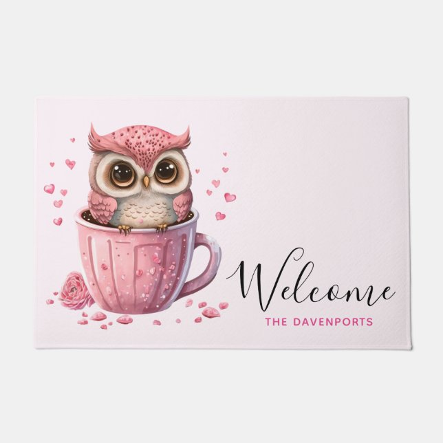 Cute Pink Owl in a Cup Welcome Doormat (Front)