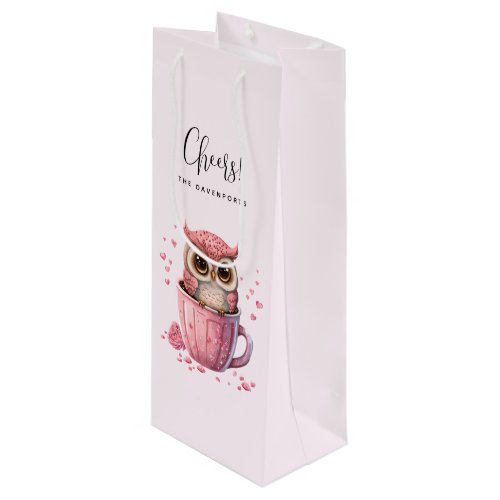 Cute Pink Owl in a Cup Wine Gift Bag