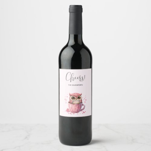 Cute Pink Owl in a Cup Wine Label
