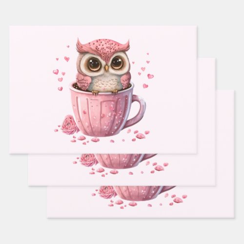 Cute Pink Owl in a Cup Wrapping Paper Sheets