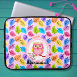 Cute Pink Owl Laptop Sleeve<br><div class="desc">This colorful cute laptop/tablet sleeve is ready for your name or other personalized text (optional). Created with a sweet pink owl sitting on a branch against a backdrop of colorful tumbled leaves Just edit your text and choose your device size from the drop down menu.</div>