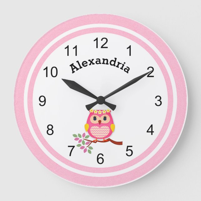 Cute Pink Owl Large Clock (Front)