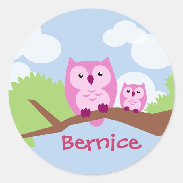 Cute Pink Owl Mom and Baby Classic Round Sticker (Front)