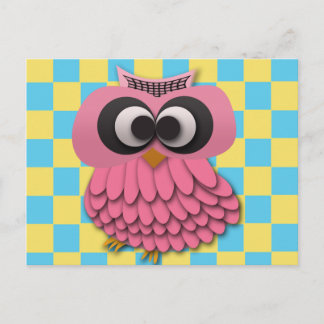 Cute Pink Owl on Blue and Yellow Checkered Postcard