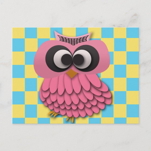 Cute Pink Owl on Blue and Yellow Checkered Postcard (Front)