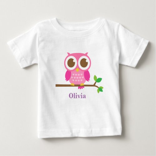 Cute Pink Owl On Branch Baby Girl Personalized Baby T_Shirt