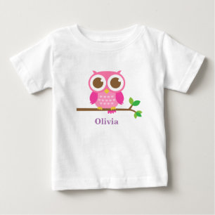 Cute Pink Owl On Branch Baby Girl Personalized T-Shirt