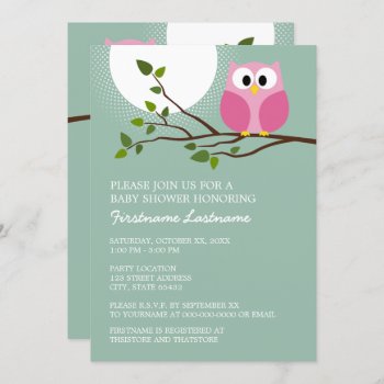 Cute Pink Owl On Branch Baby Girl Shower Invitation by MarshBaby at Zazzle