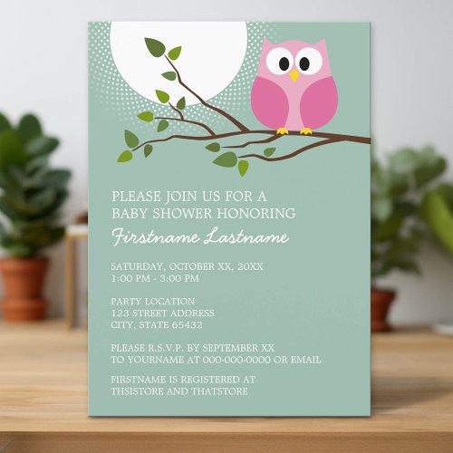 Cute Pink Owl on Branch Baby Girl Shower Custom Announcement