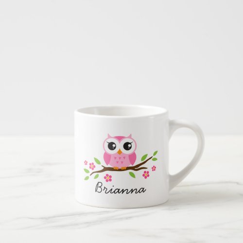 Cute pink owl on branch customizable name espresso cup