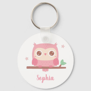 Cute Pink Owl On Branch, Girls Personalized Keychain