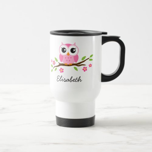 Cute pink owl on branch personalized name travel mug