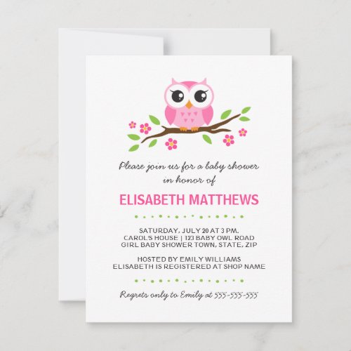 Cute pink owl on floral branch girl baby shower invitation