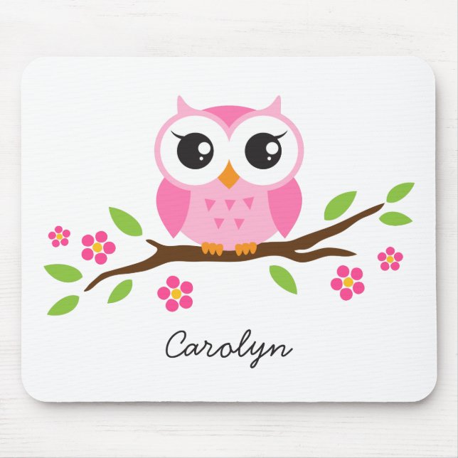Cute pink owl on floral branch personalized name mouse pad (Front)