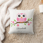 Cute pink owl on floral branch personalized name throw pillow (Blanket)