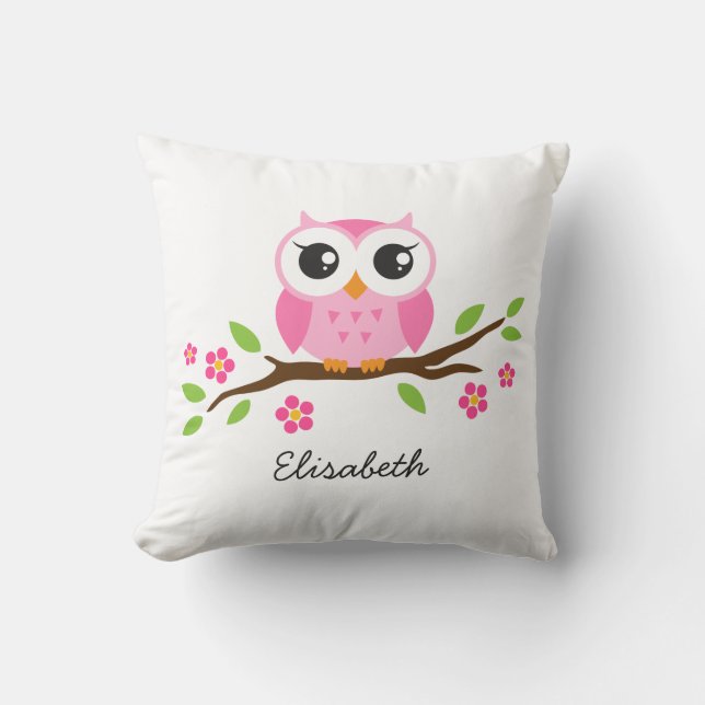 Cute pink owl on floral branch personalized name throw pillow (Front)