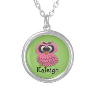 Cute Pink Owl on Green Personalized Necklace