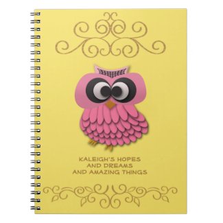 Cute Pink Owl on Yellow Gold Personalized Notebook