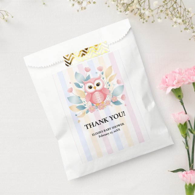 Cute Pink Owl Pastel Floral Design Baby Shower Favor Bag (Sealed)