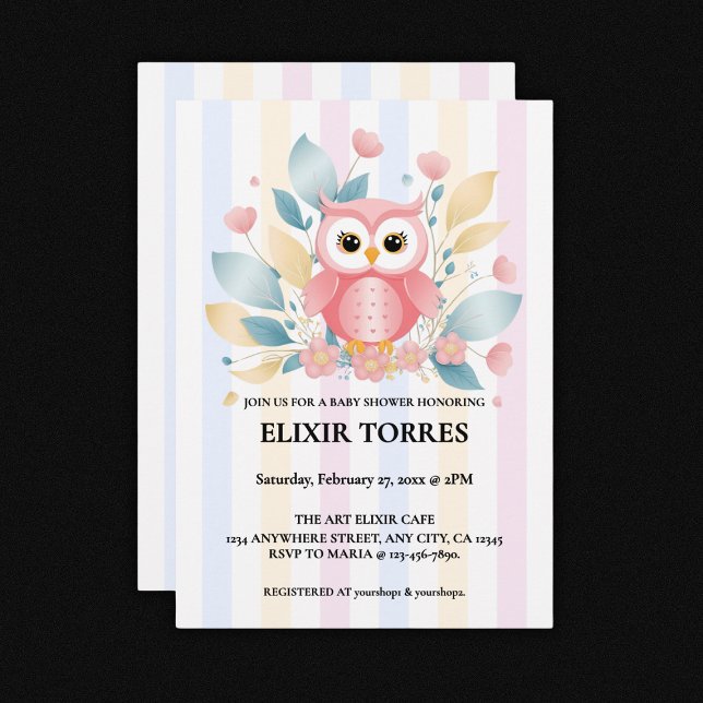 Cute Pink Owl Pastel Floral Design Baby Shower Invitation (Creator Uploaded)