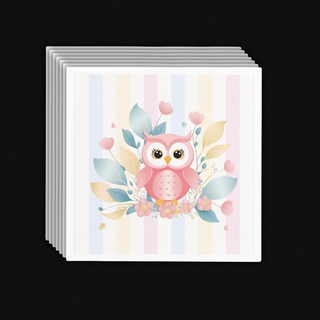 Cute Pink Owl Pastel Floral Design Baby Shower Napkins (Creator Uploaded)