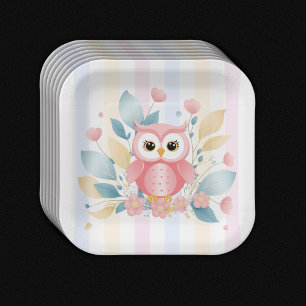 Cute Pink Owl Pastel Floral Design Baby Shower Paper Plates