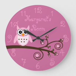 Cute Pink Owl Personalized Girl&#39;s Room Large Clock
