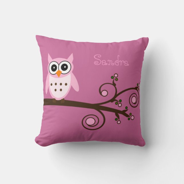 Cute Pink Owl Personalized Girl's Room Throw Pillow (Front)