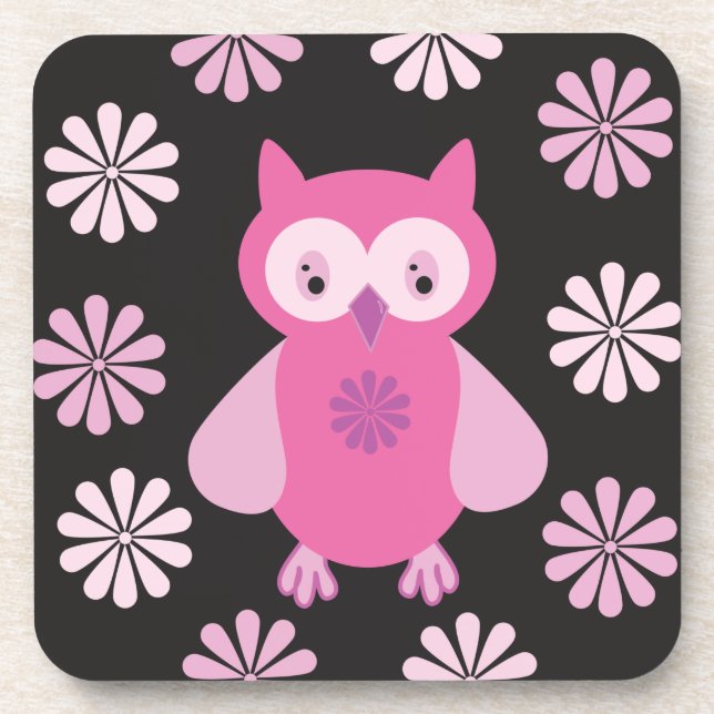Cute pink owl square paper coaster (Front)