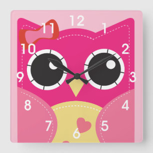 Cute Pink Owl Square Wall Clock