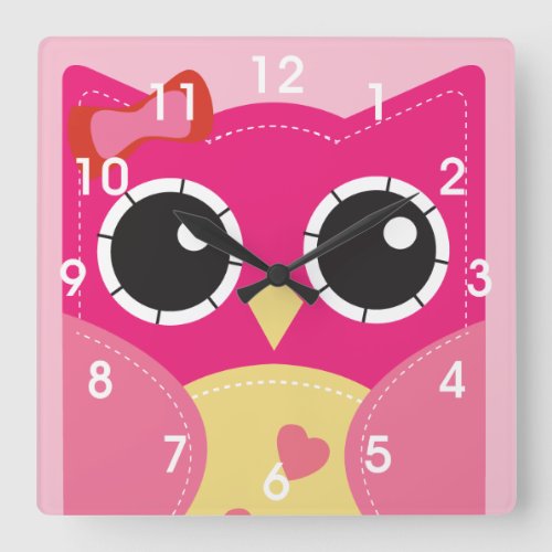 Cute Pink Owl Square Wall Clock