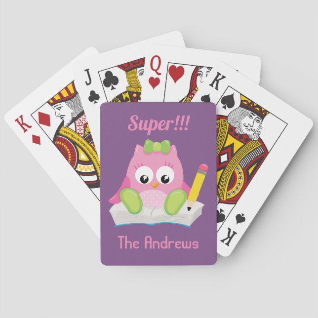 Cute Pink Owl Super Poker Cards (Back)