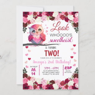 Cute Pink Owl Sweetheart Valentine's Birthday Invitation