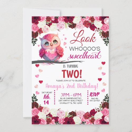 Cute Pink Owl Sweetheart Valentines Birthday Invitation