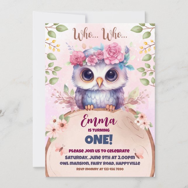 Cute pink owl themed birthday invitation (Front)