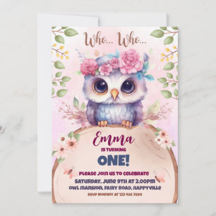 Cute pink owl themed birthday invitation