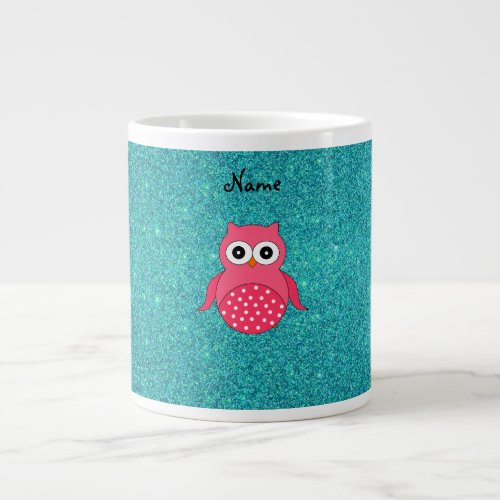 Cute pink owl turquoise glitter large coffee mug