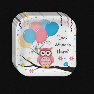 Cute Pink Owl with Balloons & Confetti Baby Shower Paper Plates