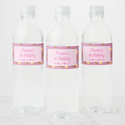Cute Pink Owl with Colorful Balloons 1st Birthday Water Bottle Label
