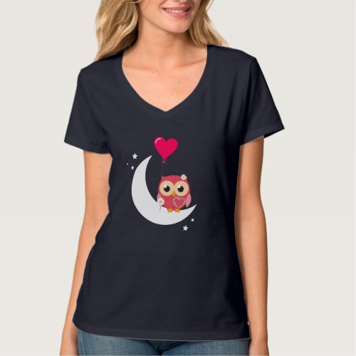 cute Pink Owl with Daisies heart  moon balloons T_Shirt