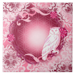 Cute Pink Owl with Flower of Life  Ceramic Tile