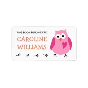 Cute pink owl with heart girls bookplate book