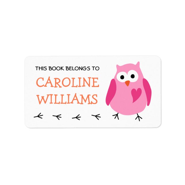 Cute pink owl with heart girls bookplate book (Front)