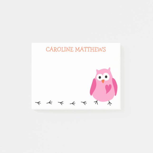Cute pink owl with heart girls personalized name post-it notes (Front)